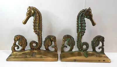 Vintage Pair SEAHORSE BRASS BOOKENDS By VIRGINIA METALCRAFTERS Verdigris Patina • $110