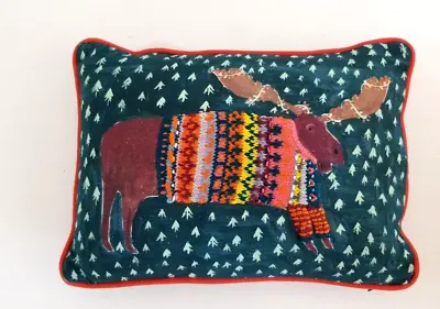 Anthropologie Throw Pillow Holiday Moose Embroidered 12x16 • $59.50