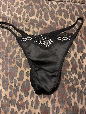 $16 • Buy Victoria Secret Sexy Black Satin Rhinestone V-string Thong Nwt S/m/l