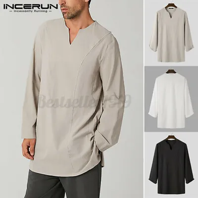 INCERUN Men Vintage Cotton V-Neck Kurta T Shirt Long Sleeve Kaftan Slim Tee Top • £15.76