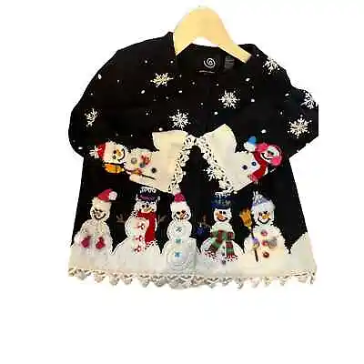 Michael Simon Black Snowman Embellished Cardigan Ugly Sweater Jacket Size M • $95