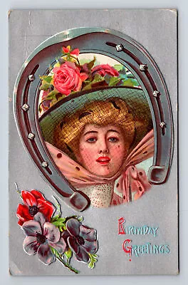 Embossed Pretty Lady Birthday Greetings Flowered Hat & Veil Millinery Postcard • $8.36