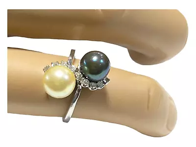 #4879  Retro Platinum Fresh Water Black & White Pearls And Diamonds Ring SZ 6.5 • $2900