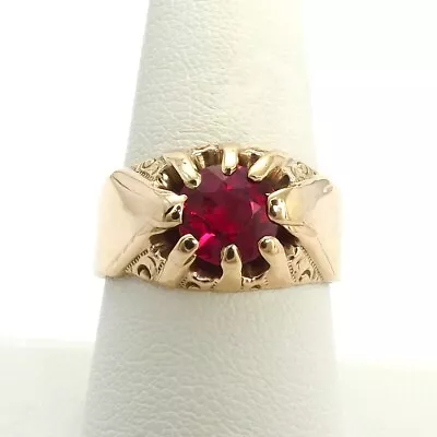 Victorian 10K Gold Belcher Set Lab Created Ruby July Birthstone Mens Ring Unisex • $569.05