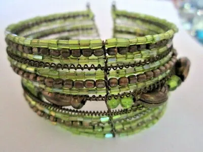 Vintage Green Stacked Wire Bead Bracelet With Copper Tone Accents 1 1/2  Wide • $5.99