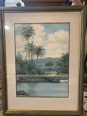 Vintage Watercolor Hilo Hawaii Landscape 19x15 Framed Palm Trees Mountains • $175