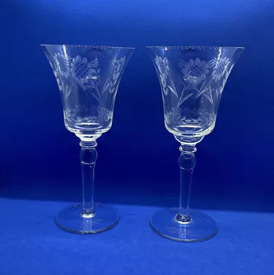 Vintage Clear Etched Flower & Leaves Stemware Wine Glasses 7.75  Tall  Lot Of 2 • $14.99