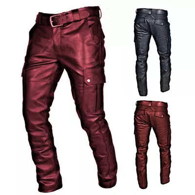 ✿Men Genuine Leather Pant Jeans Steampunk Gothic Retro Motorbike Pants Trousers • $34.53