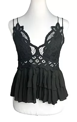 Free People Top Adella Cami Black Lace Tiered Ruffle Goth Witchy Stretch Tank S • £28.37