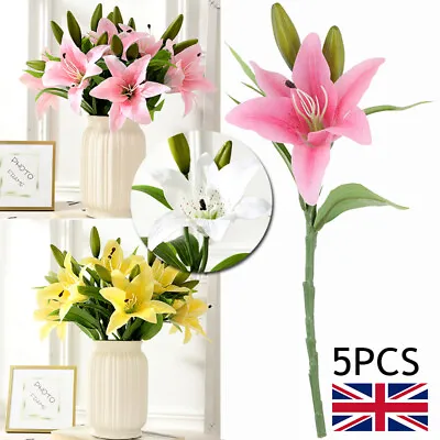 5 Artificial Flowers Lillies Bunch Home Decor Fake Lilly Flower Latex Real Touch • £8.69