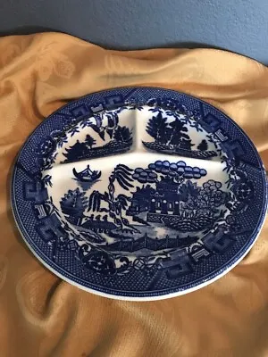 Vintage MORIYAMA Flow Blue Divided Plate Grill Plate BLUE WILLOW Japan • $18