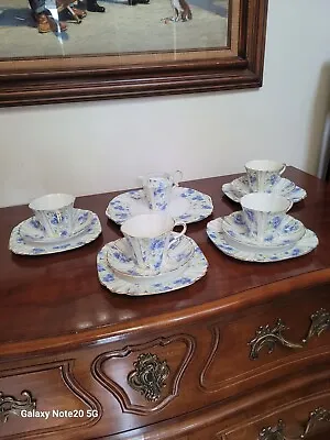 Vtg Royal Albert Crown China Tea Cup 14 Piece Set Art Deco Blue Pansy Chintz • $199.99