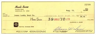 HANK SNOW Signed OPRY AUTOGRAPH On PERSONAL BANK CHECK To JAMES LEDDY BOOTS • $24.95