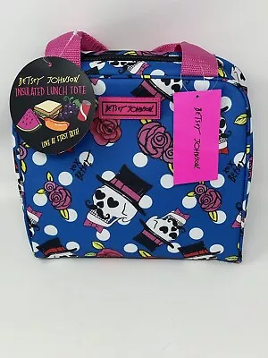 Betsey Johnson Blue Skull W/Top Hat & Mustache Insulated Lunch Bag Tote NEW • $29.99