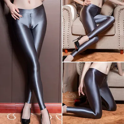 Women Zipper Crotch Satin Glossy Opaque Leggings Super Shiny Slim Pants Trousers • £11.99