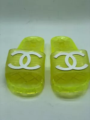 Chanel Womens Jelly Slides Sandals Flip Flops Yellow Neon Size 37/7 • £569.95