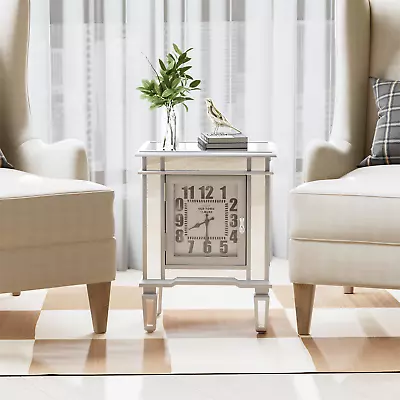 Silver Mirrored Clock End Side Table 25'' High For Living Room Office Nightstand • $125.91