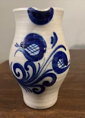 Salt Glazed Grey Stoneware Cobalt Blue Pitcher Jug Vase 7.5” • $15.99