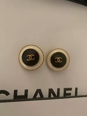 Vintage Chanel CC Clip On Brass Gold Costume Earrings Black White Enamel • $350