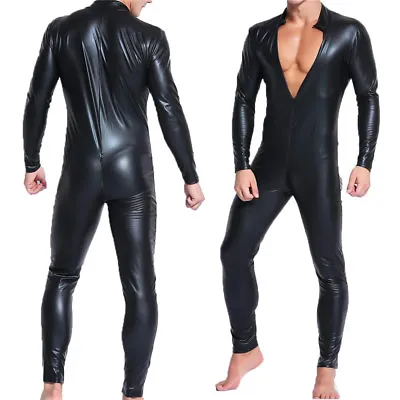 Men's Fetish Faux Leather Zip Bodysuit PVC Kinky Wetlook Clubwear Catsuit S-XXXL • £28.28