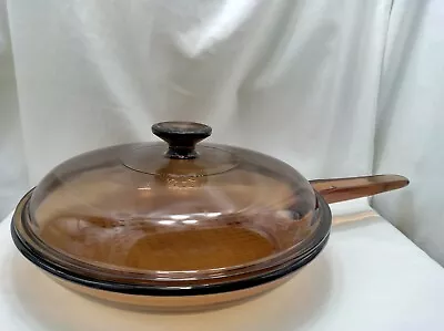 Vintage Pyrex Amber Corning Ware 10 Inch Skillet 👉With Lid!! • $30