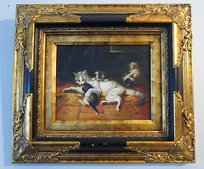 Vintage MOTHER CAT WITH KITTENS OIL PAINTING Signed GESSO GILT WOOD FRAME • $182.89