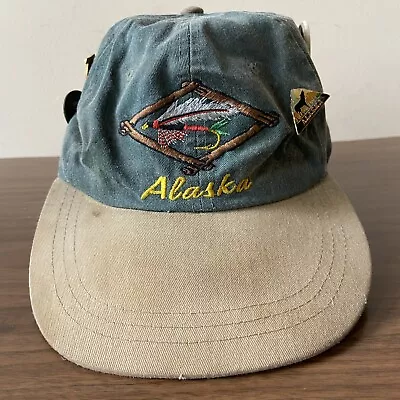 Vintage Alaska Hat Mens Green Strapback Fly Fishing Washed Out Souvenir Pins Cap • $17.50