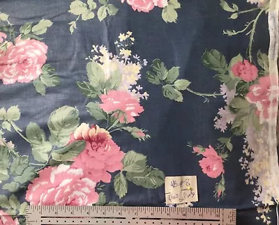 Vintage Pink Cabbage Rose On Blue Polished Cotton Chintz Cottagecore By The Yard • $15.99