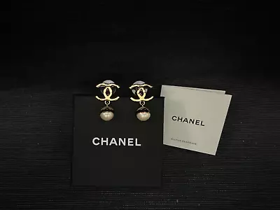 Chanel 24S GOLD METAL CC GLASS PEARL DANGLE Stud Earrings NEW Authentic Jewelery • $1525