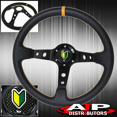 $44.99 • Buy Universal 350mm 3 Spokes Black Steering Wheel Yellow Stitching Beginner Leaf