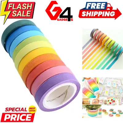 10x Rainbow Washi Sticky Paper Masking Adhesive Decorative Tape 5MM Width • £4.99