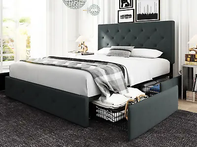 $299.99 • Buy Queen Platform Bed Frame With 4 Storage Drawers & Adjustable Headboard, Grey