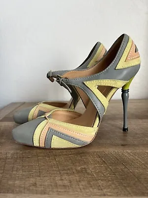 LAMB Leather Heels Cutout Green Gray Tan Sz 6.5 • $35