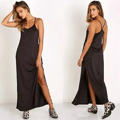 Intimately Free People She Moves Maxi High Slit Slip Dress In Black Size Large • $60