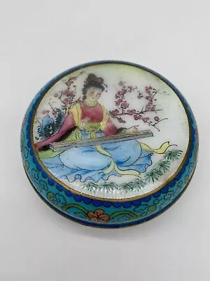 Vintage Chinese Cloisonne Enamel Blue Floral Woman Lap Guitar Lidded Trinket Box • $75