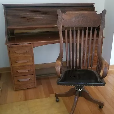 Antique Roll Top Desk And Chair Oak Beautiful Finish • $1500