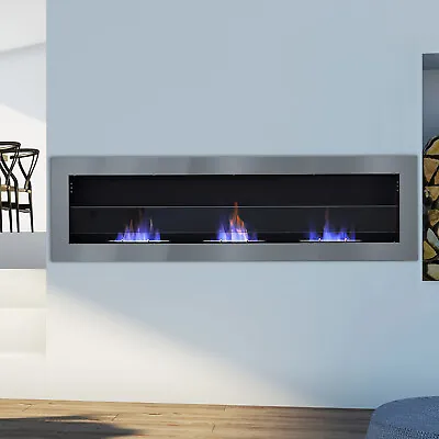 Wall Ethanol Fireplace Stove 3 Burner Fire Heater Biofire Stainless Steel 120cm • £195.95