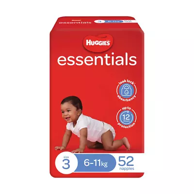 Huggies Essential Nappies Crawler Size 3 (6-11Kg) Unisex 12 Hours 52/Pack • $19.97