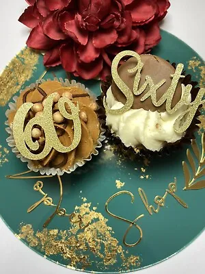 12 X GOLD 60 SIXTY CUPCAKE TOPPERS NON EDIBLE 60th BIRTHDAY CELEBRATION • £3.79