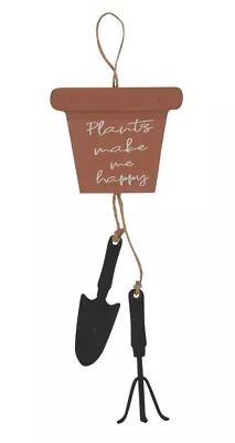 Plants Make Me Happy Sign Hanging Planter Digger Shapes Metal MDF Jute NEW NWT! • $6.83