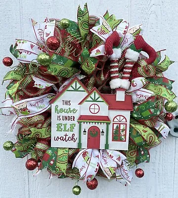 Whimsical Christmas Elf House Handmade Deco Mesh Wreath XL • $40