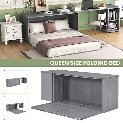 Murphy Bed Queen Size Platform Bed Frames W/ Rotable Desks Bedroom Furniture Bed • $681.39