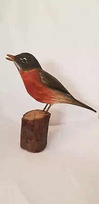 $249.99 • Buy Vintage Hand Carved Folk Art Wood ROBIN Bird Decoy Figure On Stump Metal Legs