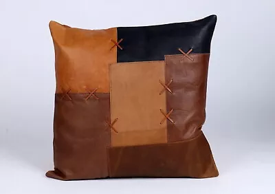 Genuine Leather Cushion Tan Leather Cushion Patchwork Cushion Handmade Cushion • $28.99