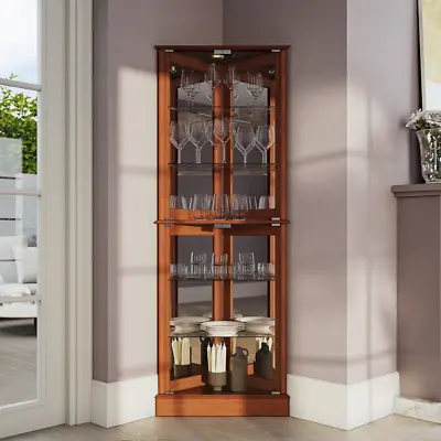 Light Brown Lighted Glass 3-Sided Corner Display Curio Cabinet Furniture Home • $445