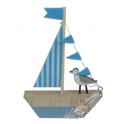 Wooden Yacht Ornament Blue Nautical Coastal Decoration Small Bathroom • £10.95