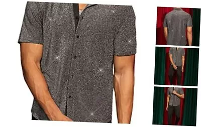 Men's Button Front Short Sleeve Collar Glitter Shirt Metallic Large Silver • $39.97