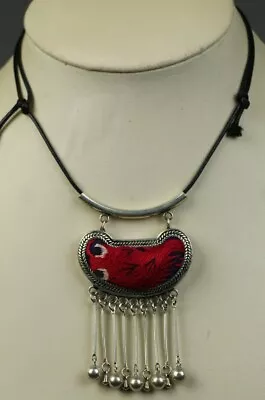 Tribal Exotic Chinese Minority People's Old Hand Embroidery Miao Silver Necklace • $30