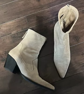 ZARA Western Point Toe Rear Zip Ankle Boots Block Heel Taupe Suede Zip Sz 9 • $23