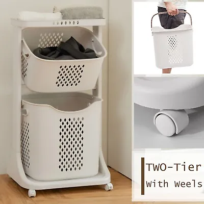 2 Tier Laundry Hamper Basket Sorter With Wheels Clothes Storage Organizer Shelf • $48.19